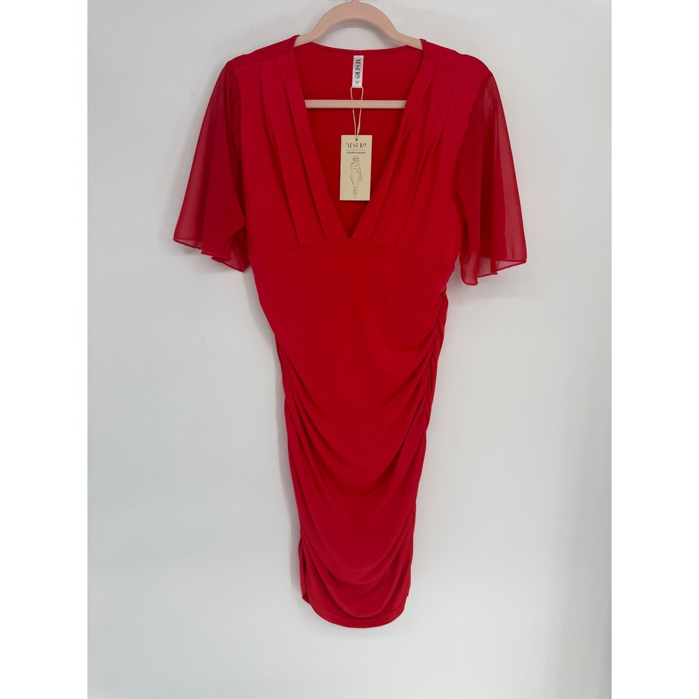 YESTTO Red Ruched Bodycon Dress Sheer Flutter Sleeve V-Neck XL 1582740#
